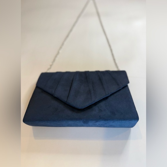 Handbags - Blue Suede Clutch with Chain Strap